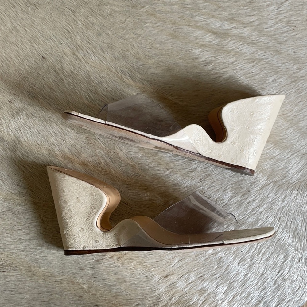 By Far Greta Ostrich Embossed PVC wedges
